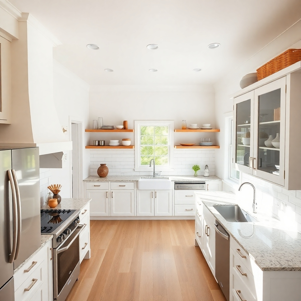 A bright, airy kitchen featuring open shelving, modern appliances, and a functional island layout. Captured from a bird's eye view, the image should highlight the interplay of light and space, with a soft color palette including whites, greys, and natural wood tones. Textural details such as granite countertops and glossy cabinet finishes create an inviting atmosphere, evoking a modern yet cozy cooking environment.