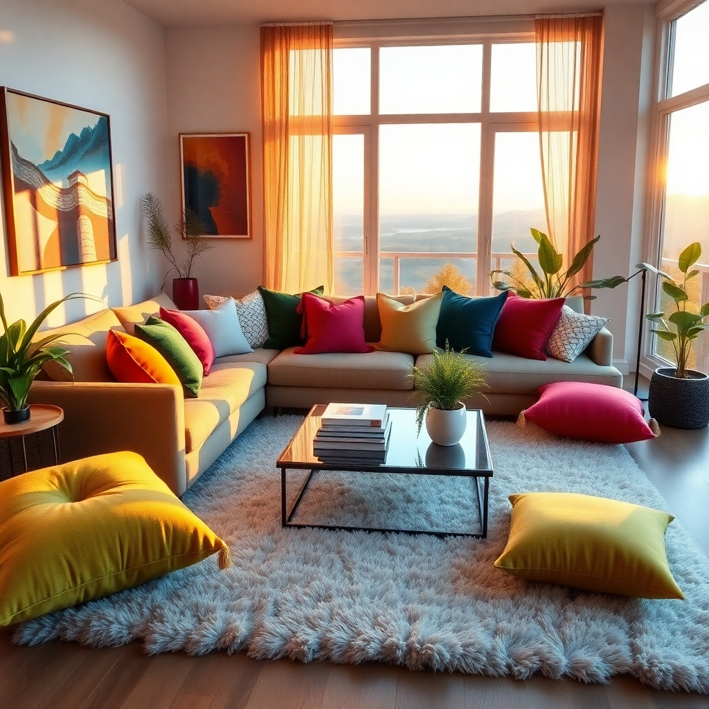 A cozy living room setup filled with vibrant cushions, a plush rug, and stylish art on the walls. The room is lit with golden-hour sunlight, emphasizing the rich colors of the decor. The composition features an inviting couch, a coffee table adorned with books and plants, and large windows showcasing a scenic view. This photorealistic image captures the essence of relaxation and style in a modern home.