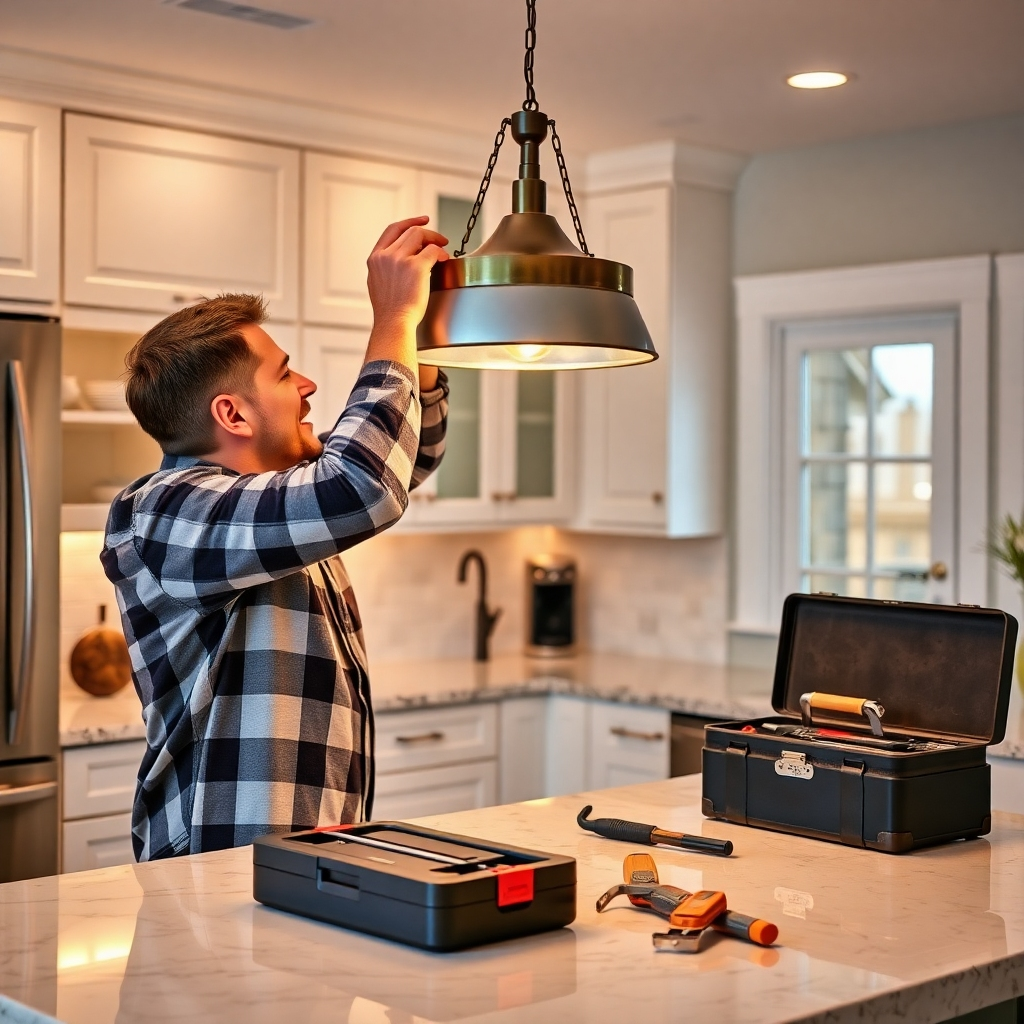 A highly detailed image of a homeowner installing a chic light fixture in a beautifully designed kitchen. The scene captures warm lighting reflecting off polished surfaces, with visible toolbox and installation tools nearby. The photo should be inviting, showcasing the joy of a DIY project. This photorealistic representation captures the essence of hands-on home improvement, exuding both challenge and achievement.