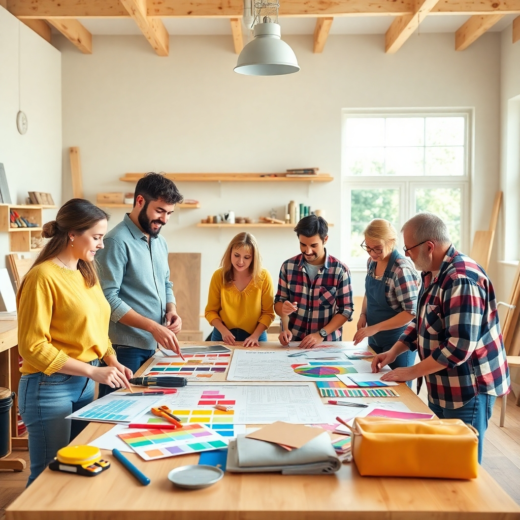 A photorealistic image representing a diverse group of homeowners collaborating on a home improvement project. The scene features a spacious workshop with tools, vibrant paint samples, and plans spread out on a table. Natural light floods the space, highlighting warm wooden textures and colorful materials. The angle captures the excitement of teamwork and creativity. The image conveys a vibrant and inspiring atmosphere, focusing on innovation and collaboration in home improvements, styled in a modern workshop aesthetic. Technical specs should be 4K resolution, high quality.