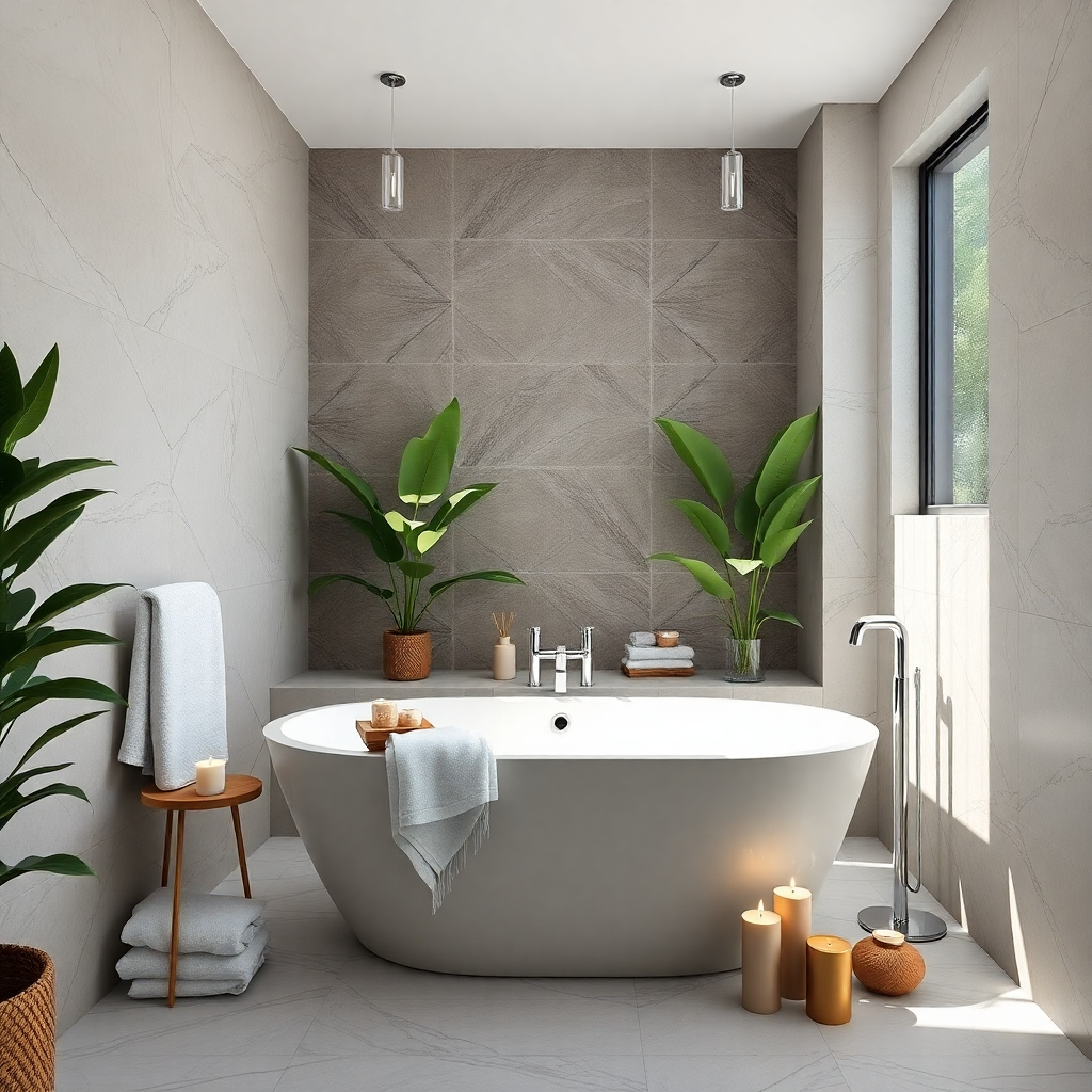 A serene bathroom environment featuring a freestanding tub surrounded by elegant tiles and greenery. Natural light bathes the space, showcasing the textures of soft towels and sleek fixtures. The composition presents a balanced view with decorative items like candles and bath essentials arranged tastefully. This photorealistic representation aims to evoke tranquility and rejuvenation, emphasizing the beauty of a well-designed bathroom.