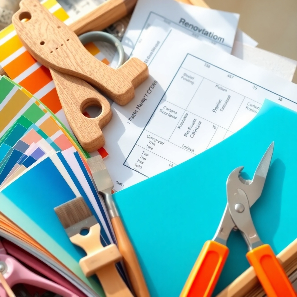 A stunning image of a well-organized renovation toolkit, featuring a colorful array of paint swatches, plans, and tools. The composition is bright, with sunlight illuminating the workspace. The textures of wood and metal in the tools contrast with the soft fabric of swatches. Captured from a close angle, it reflects creativity and preparation, essential for any renovation project. This photorealistic representation evokes a sense of readiness and inspiration.