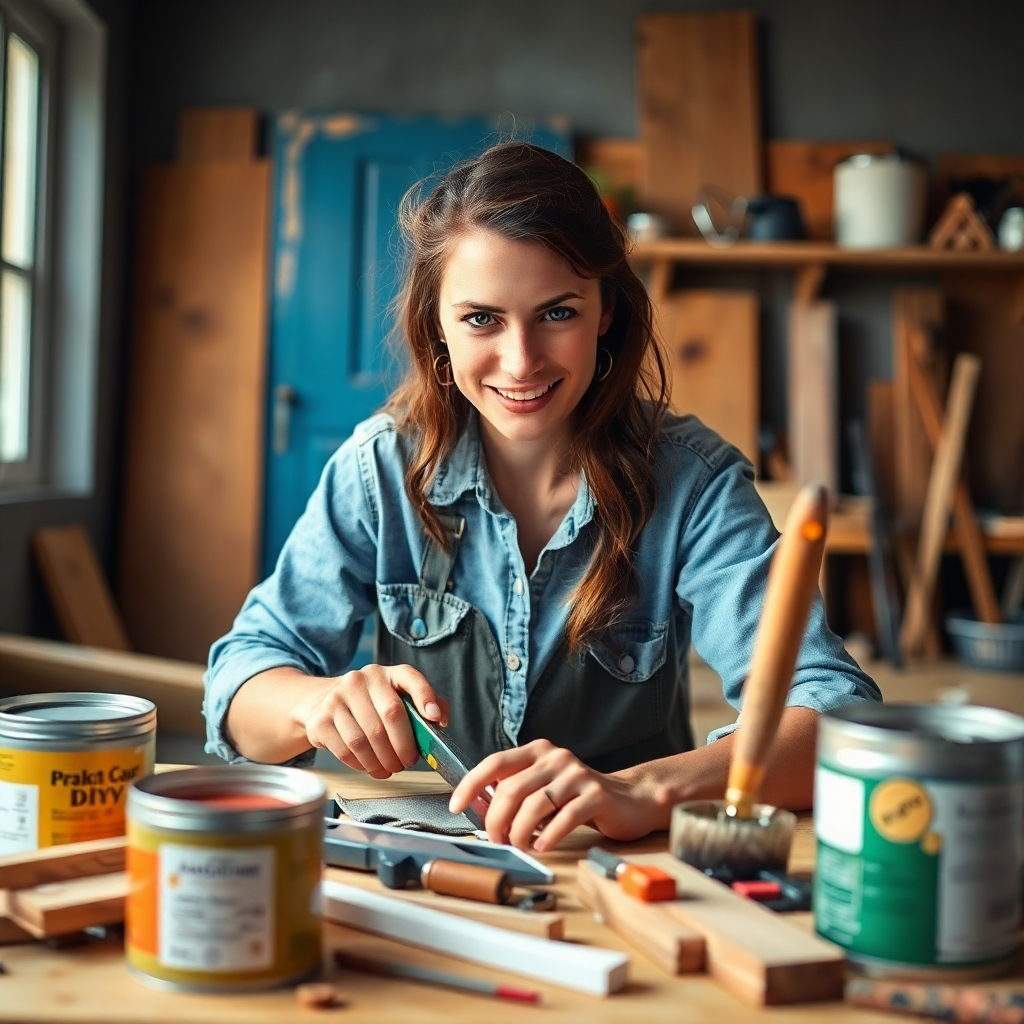 A visually appealing snapshot of a homeowner using tools in a DIY project setup, with paint cans and wood pieces scattered around. The image should convey a sense of excitement and creativity, captured with warm lighting highlighting the determination on the person's face. The textures should reflect a homey, inspiring atmosphere that encourages viewers to embark on their DIY journey.