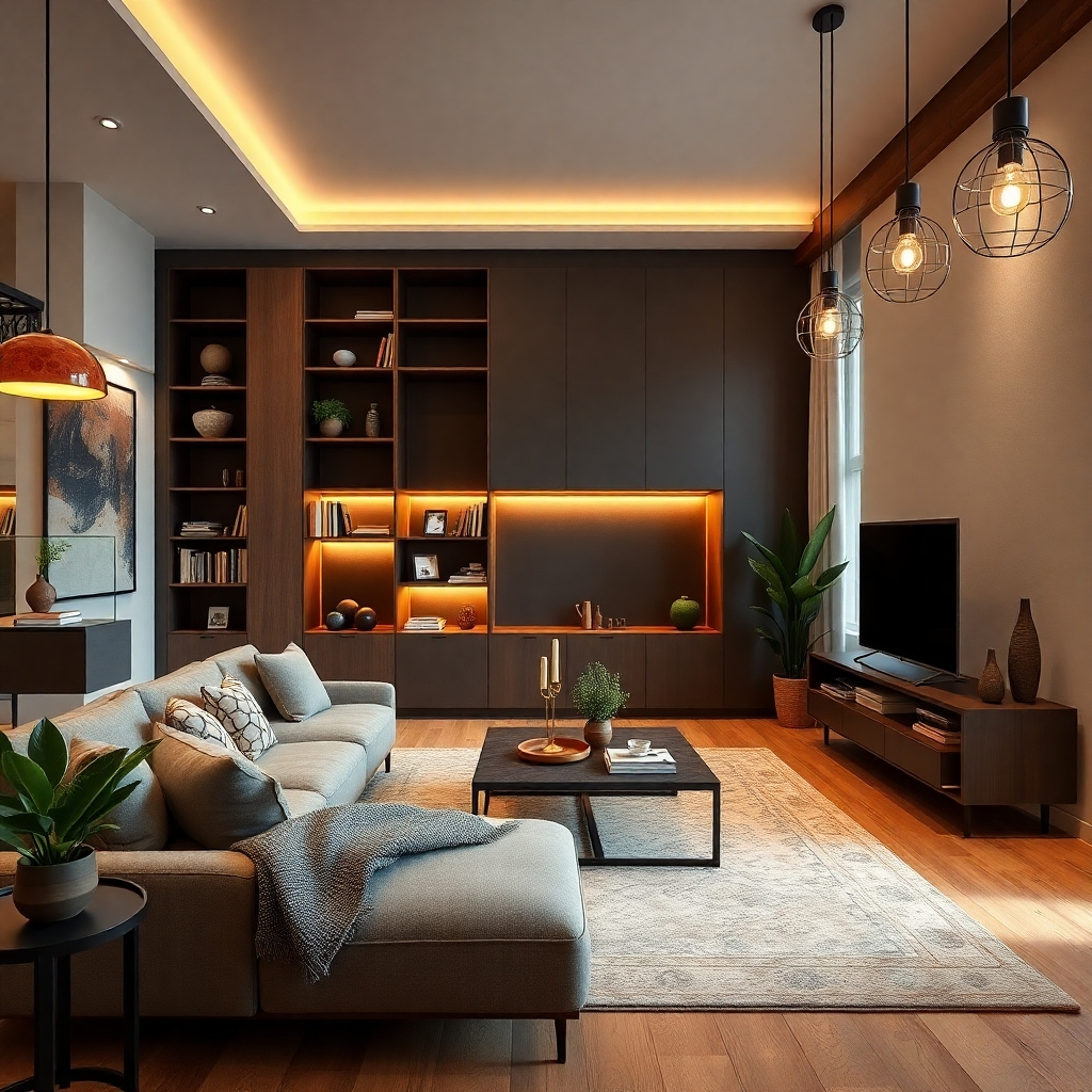 An elegant living space showcasing innovative design elements such as a sliding bookshelf or multifunctional furniture. The interior features a mix of modern and rustic decor with warm lighting and earthy colors. The photograph should be framed to emphasize spatial harmony and comfort, highlighting details like plant decor and artistic lighting fixtures. This high-quality image should resonate with the concept of stylish home functionality.