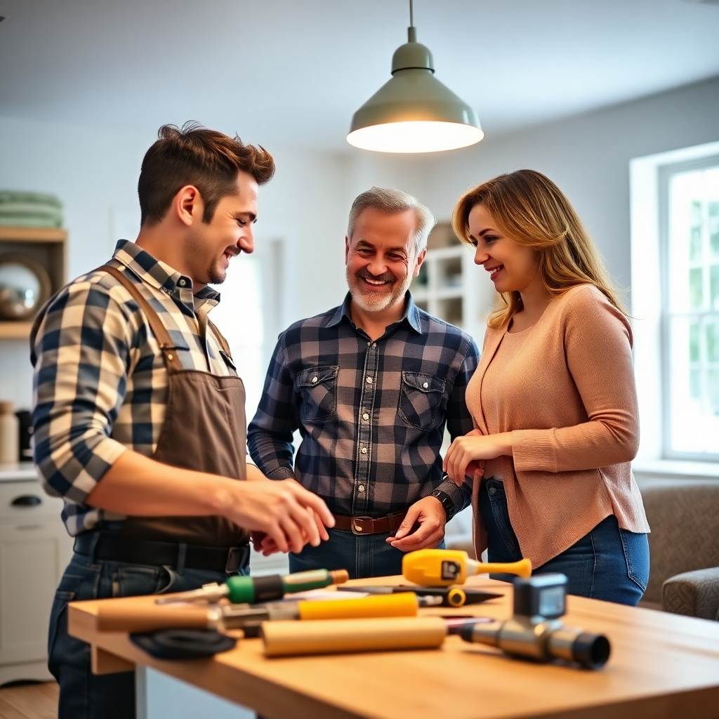 An engaging image depicting a professional contractor collaborating with homeowners in a beautifully renovated space. Tools are visible, emphasizing teamwork and skill. The lighting is bright and inviting, showcasing the results of quality work. A sense of satisfaction radiates from the scene, highlighting the value of professional expertise in achieving stunning home improvements.