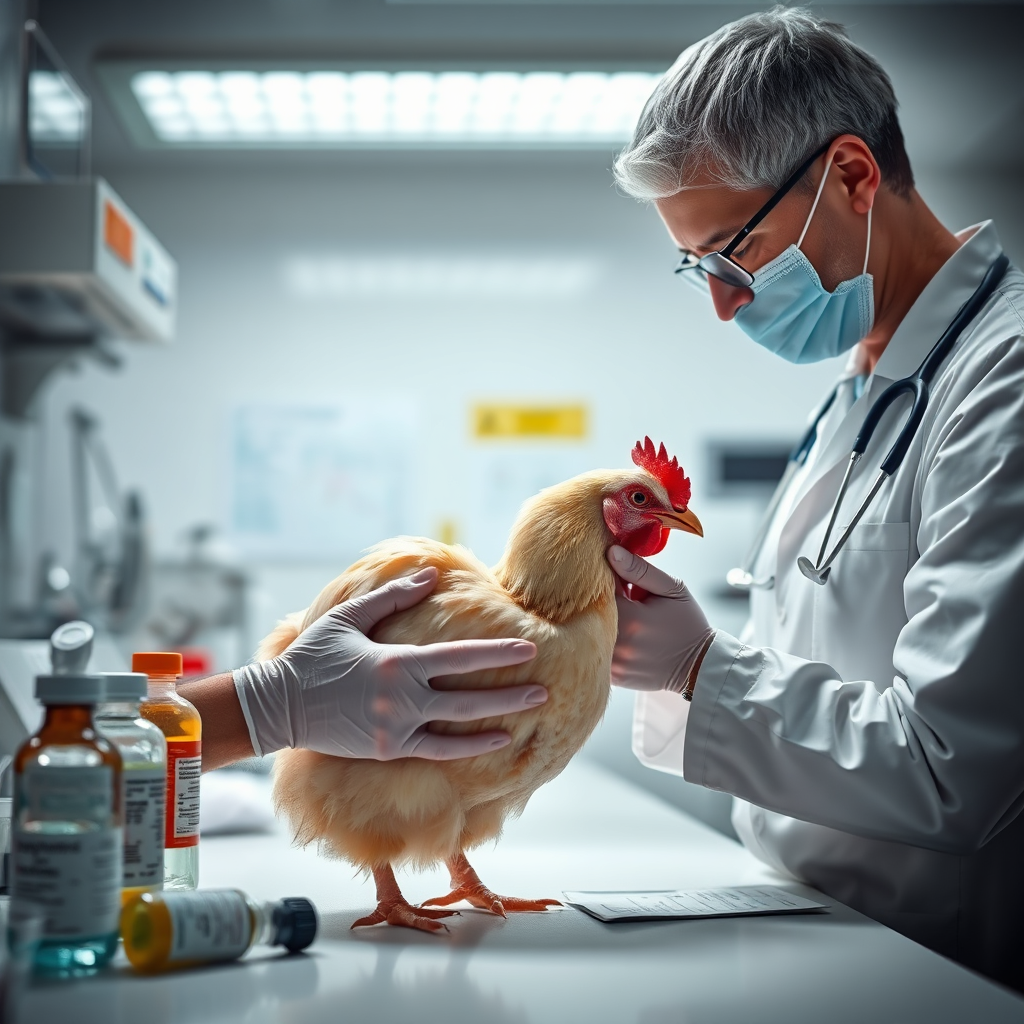 A caring veterinarian examining a sick chicken in a clean, sterile environment. The lighting is bright and focused, highlighting the veterinarian's actions and the chicken's condition. The image should convey a sense of professionalism and expertise. Include details like medical instruments, medication bottles, and a diagnostic chart. Style: Clinical, informative, 8K resolution.