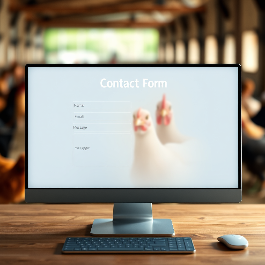 A clean, modern contact form displayed on a computer screen. The form includes fields for name, email, and message. The background is a blurred image of a chicken farm. The lighting is soft and inviting, creating a sense of trust and accessibility. The overall effect is professional and user-friendly. Style: Web design, minimalist, 8K resolution.