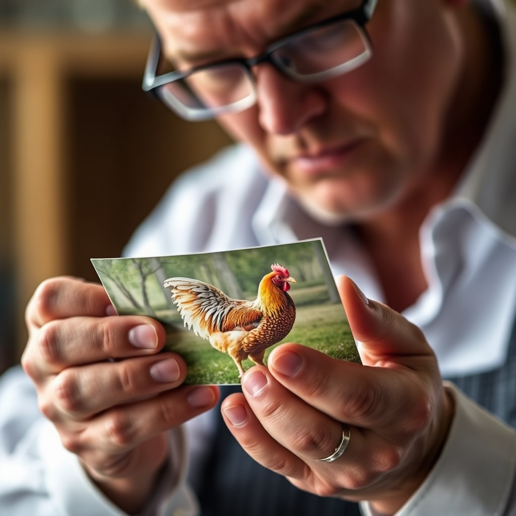 A close-up of a judge's hands holding a chicken photograph, carefully examining the details. The judge is wearing glasses and has a serious expression, conveying a sense of professionalism and attention to detail. The lighting is focused on the photograph and the judge's hands. The background is blurred, drawing attention to the judging process. Style: Editorial photography, emphasis on the details and the judging process.