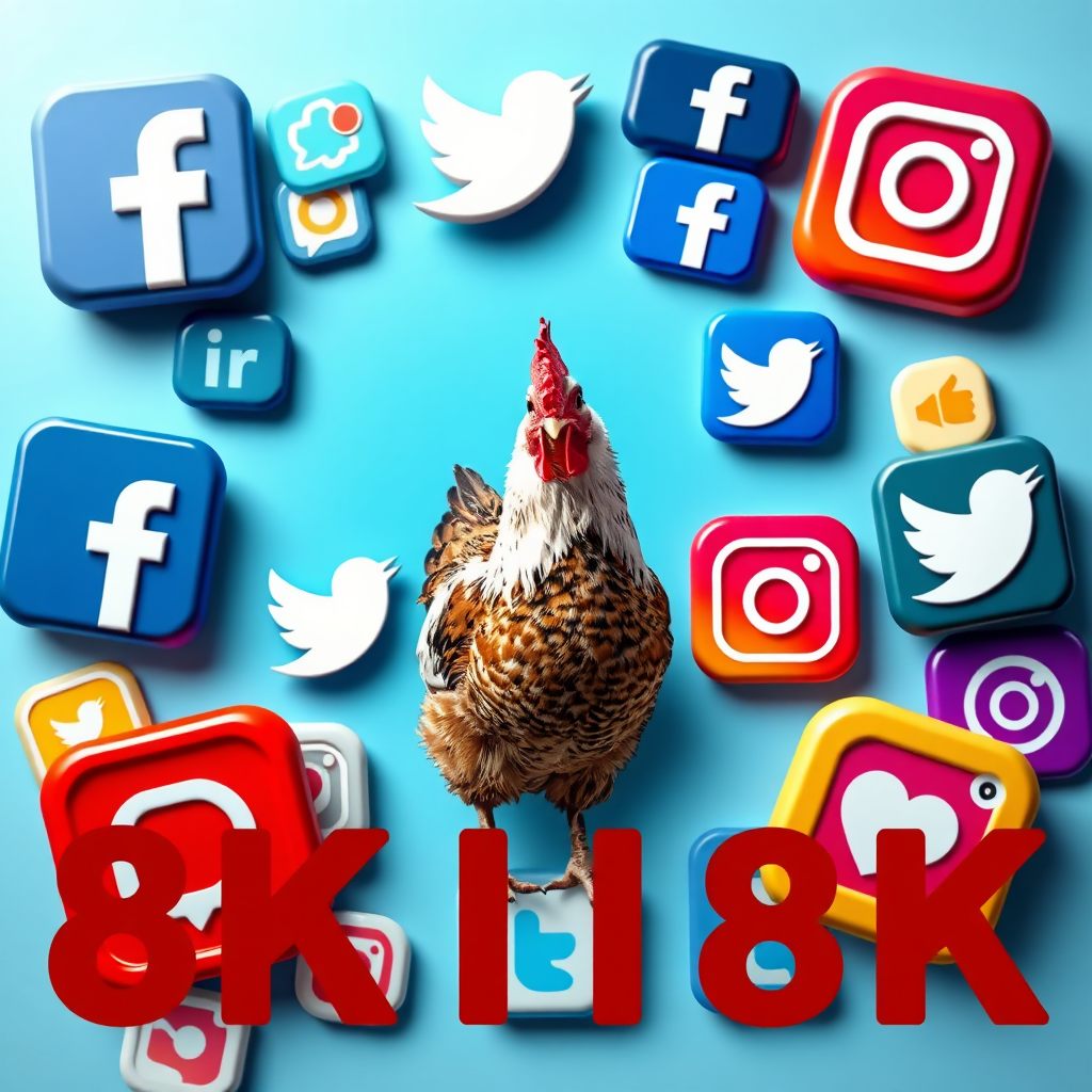 A collage of social media icons (Facebook, Instagram, Twitter) arranged around a central image of a chicken. The icons are vibrant and recognizable. The lighting is bright and cheerful, highlighting the social media platforms. The arrangement is visually appealing and informative. The overall effect is engaging and interactive. Style: Graphic design, social media, 8K resolution.