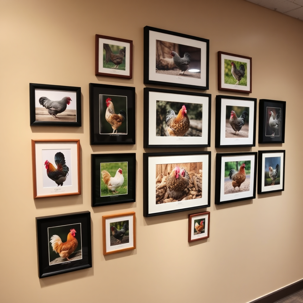 A collection of framed winning chicken photographs displayed on a wall, each showcasing different styles and subjects. The photos are arranged in a visually appealing manner, with varying sizes and orientations. The lighting is soft and even, highlighting the details of each photograph. The camera angle is a wide shot, capturing the entire wall of winning photos. The overall effect is inspiring and aspirational, showcasing the excellence of the community's photographers.