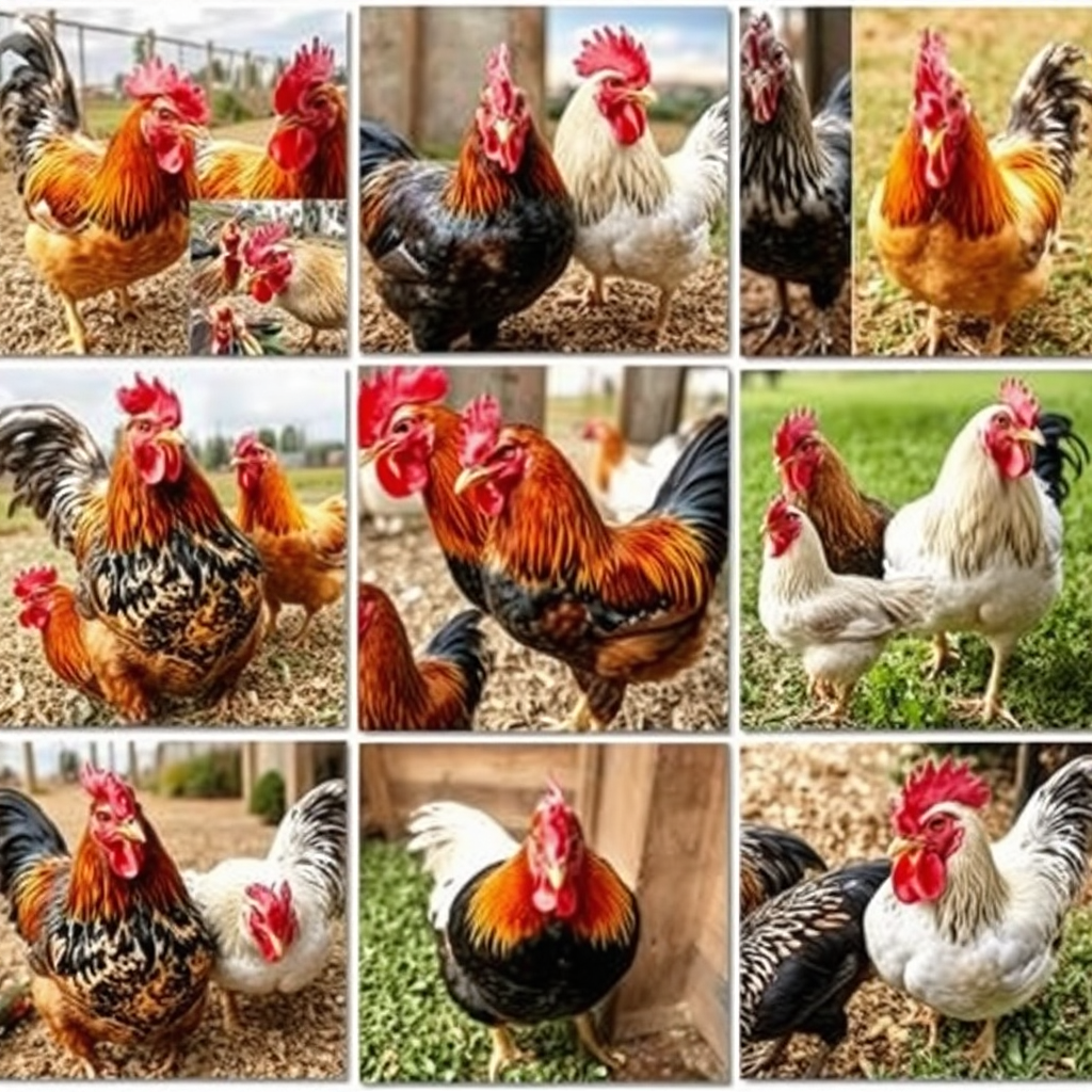 A dynamic display of multiple chicken photos arranged in a mosaic style, each showcasing different breeds, poses, and settings. The photos are interconnected, creating a sense of visual flow and excitement. The lighting is bright and cheerful, highlighting the vibrant colors and details of the images. The camera angle is a top-down view, capturing the entire mosaic from above. The overall effect is visually stimulating and engaging, conveying a sense of popularity and trendiness.