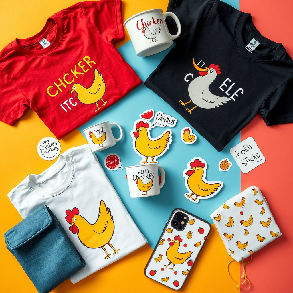 A flat lay image of various chicken-themed merchandise arranged on a colorful background. The items include t-shirts with chicken graphics, mugs with chicken quotes, stickers with chicken illustrations, and phone cases with chicken patterns. The lighting is bright and cheerful, highlighting the colors and designs of the merchandise. The arrangement is playful and eye-catching. The overall effect is fun and whimsical. Style: Product photography, flat lay, 8K resolution.