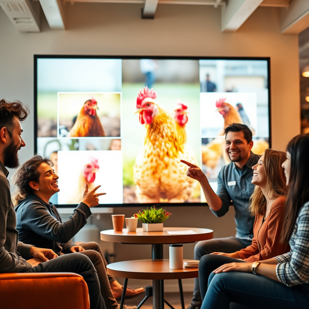A group of diverse individuals of different ages, genders, and backgrounds are enthusiastically gathered around a large screen displaying vibrant chicken photos. They are laughing, pointing, and engaging in lively conversation. The setting is a bright, modern co-working space with comfortable seating and collaborative tables. The lighting is warm and inviting. Focus on capturing the expressions of joy, connection, and shared passion for chicken photography. The camera angle should be a medium shot, capturing the energy and camaraderie of the group. The color palette should be bright and cheerful, reflecting the positive atmosphere of the community.