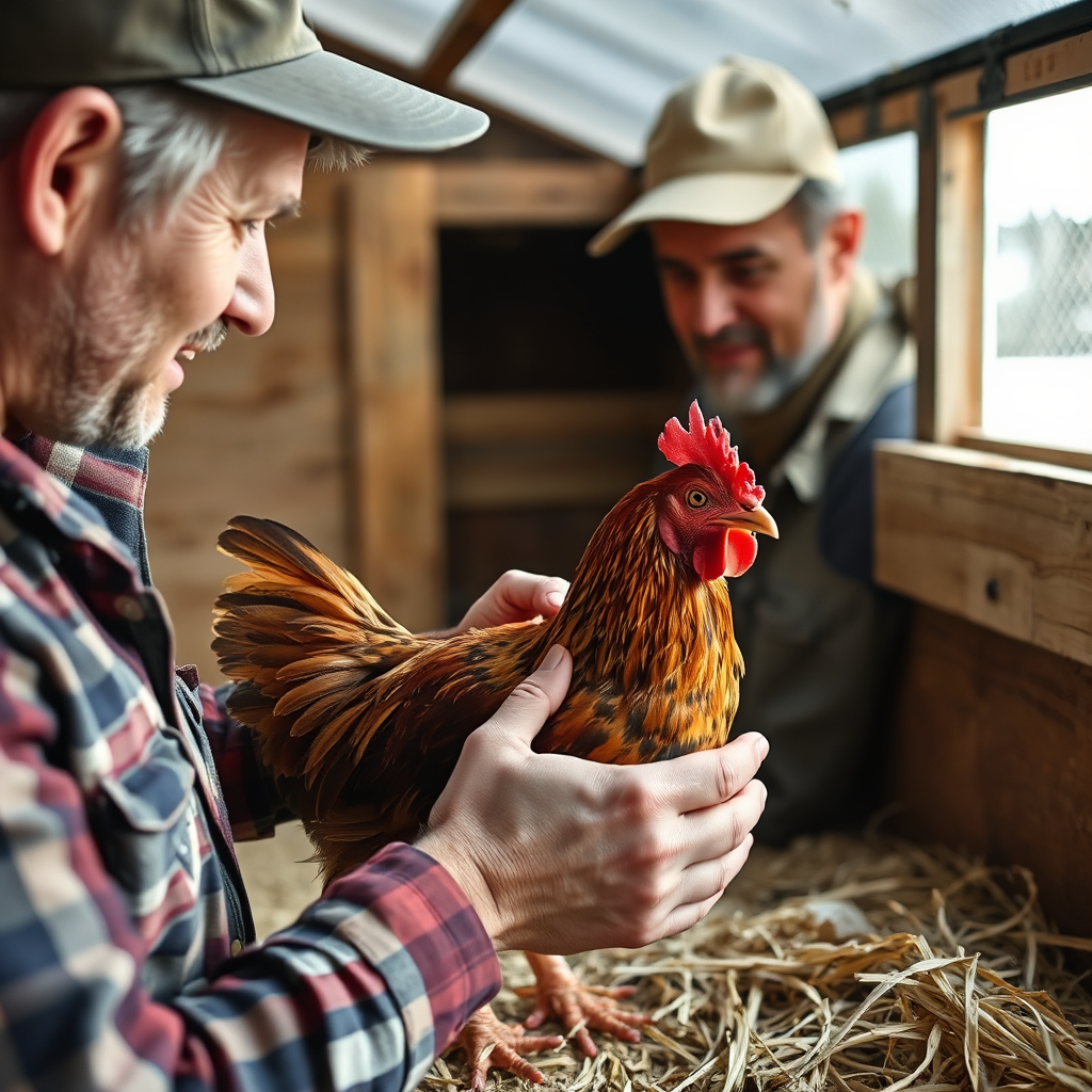 A knowledgeable farmer gently examining a healthy hen in a clean, well-maintained coop. The lighting is soft and natural, highlighting the hen's vibrant plumage and the cleanliness of the coop. Focus on the farmer's caring expression and the hen's relaxed posture. Include details like fresh straw bedding, clean water, and nutritious feed. The image should convey a sense of trust and well-being. Style: Informative, realistic, 8K resolution.
