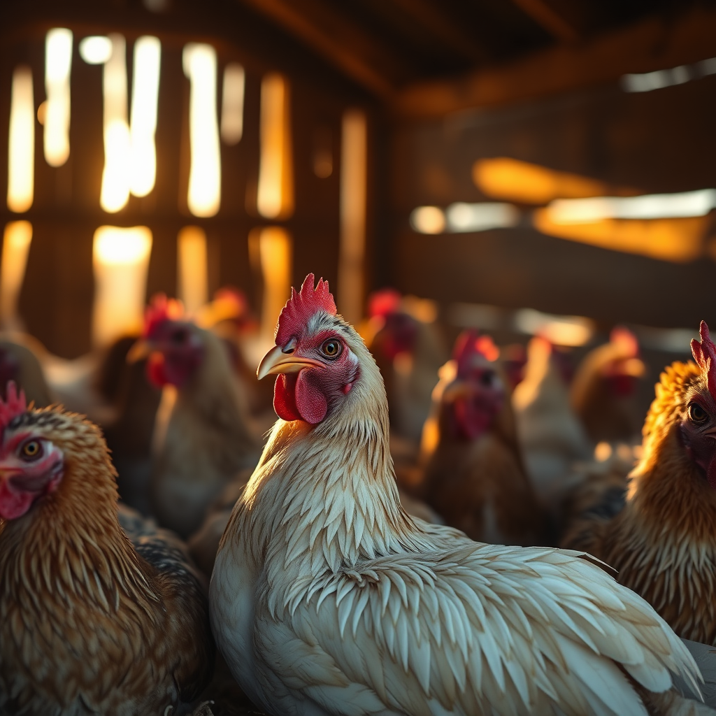 A photorealistic image of chickens roosting in a rustic coop at dusk. The scene is lit by the soft, golden light filtering through the gaps in the wooden planks. Dust motes dance in the air, highlighting the textures of the wood and feathers. Capture the warmth and serenity of the coop, focusing on the chickens' expressions of contentment. The image should evoke a sense of peacefulness and natural beauty. Style: Realism, soft lighting, high-resolution texture detail.