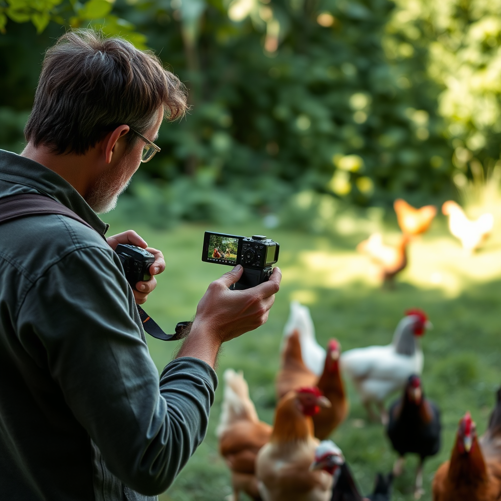 A renowned nature photographer is giving a tutorial on chicken photography outdoors. The background is lush greenery, with chickens roaming freely. The photographer is demonstrating camera techniques while showing the audience the results on his camera screen. Lighting is natural and soft, emphasizing the beauty of the natural setting. Style: Documentary photography, focus on the interaction between the photographer and the environment.