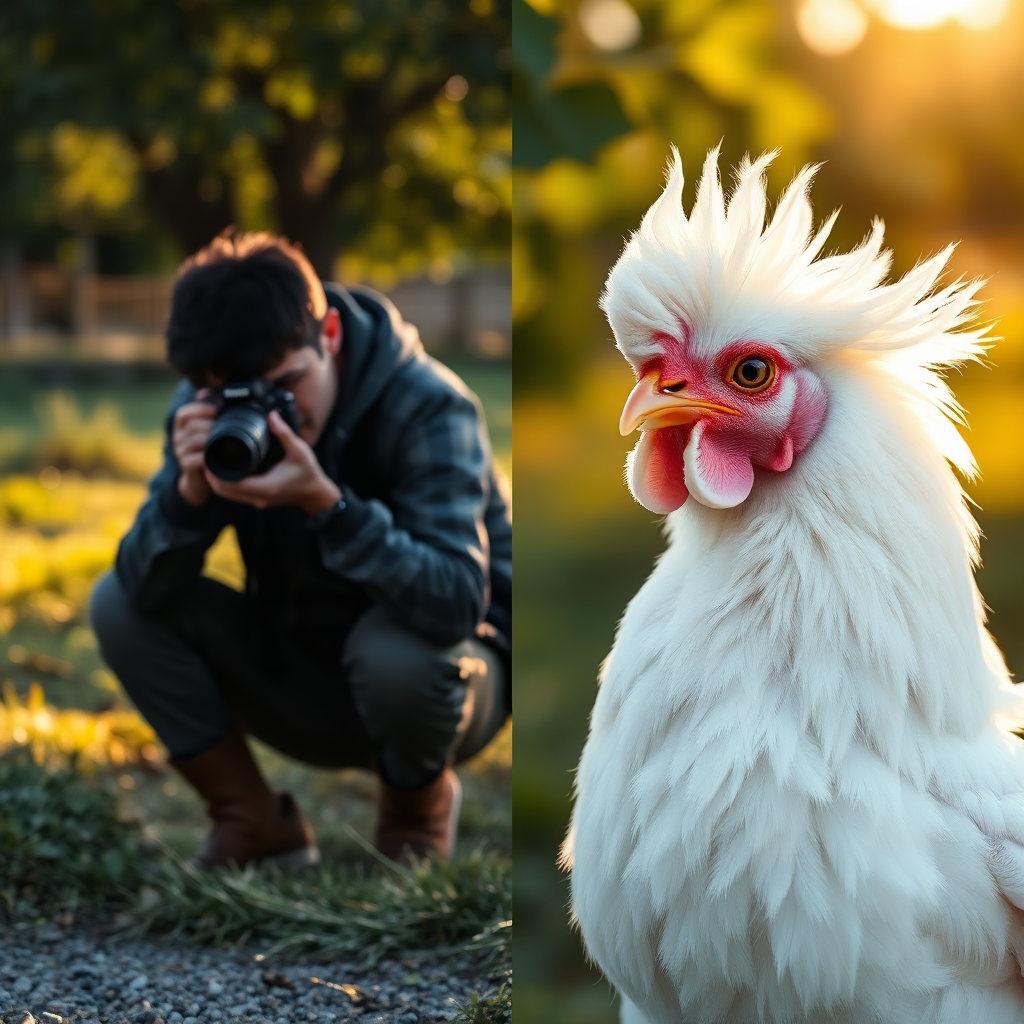 A split-screen image. On one side, a photographer kneels, capturing a portrait of a Silkie chicken. On the other, a close-up image of the Silkie, feathers blowing gently. The lighting is golden hour, with sun dappling through leaves. This illustrates a photo challenge. Technical: 8k resolution, photorealistic.