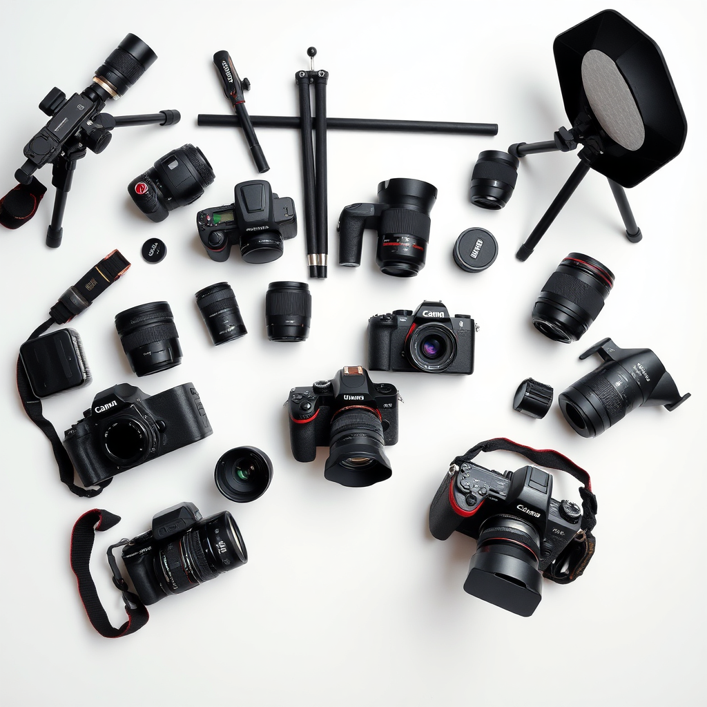 A variety of camera gear arranged on a clean, white surface. The gear includes cameras, lenses, tripods, and lighting equipment. The lighting is bright and even, highlighting the details of each item. The arrangement is visually appealing and organized. Include well-known brands and models of photography equipment. The overall effect is professional and informative. Style: Product photography, clean, 8K resolution.