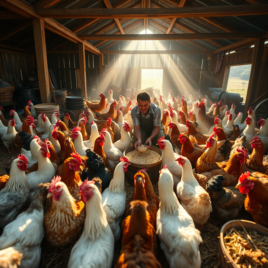 A wide-angle shot of a bustling farmyard scene during feeding time. Chickens of various breeds are eagerly gathered around a farmer scattering grain. The lighting is bright and cheerful, with the sun shining through the morning mist. Capture the energy and chaos of the scene, focusing on the interactions between the chickens and the farmer. Include details like scattered hay, wooden buckets, and vintage farm equipment. Style: Documentary, realism, 8K resolution.
