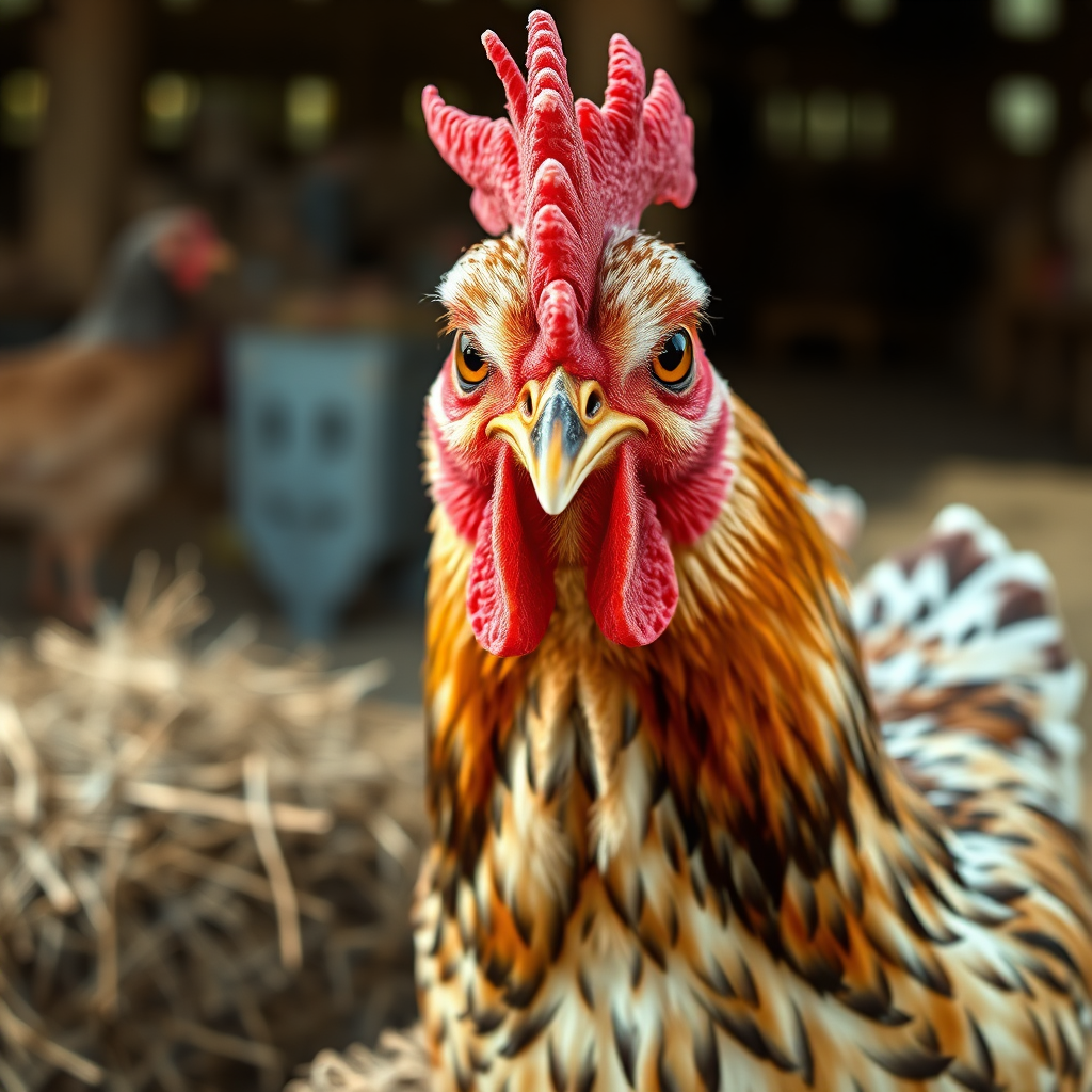 Capture an 8K photorealistic portrait of a sassy-looking hen, feathered 'eyebrows' raised, perched on a hay bale. Her gaze should be direct and engaging, as if she's posing for a glamour shot. The background is a blurred farmyard scene. Highlight the textures of her feathers and the vibrant colors of her comb. The image should be humorous and endearing, emphasizing the chicken's personality.