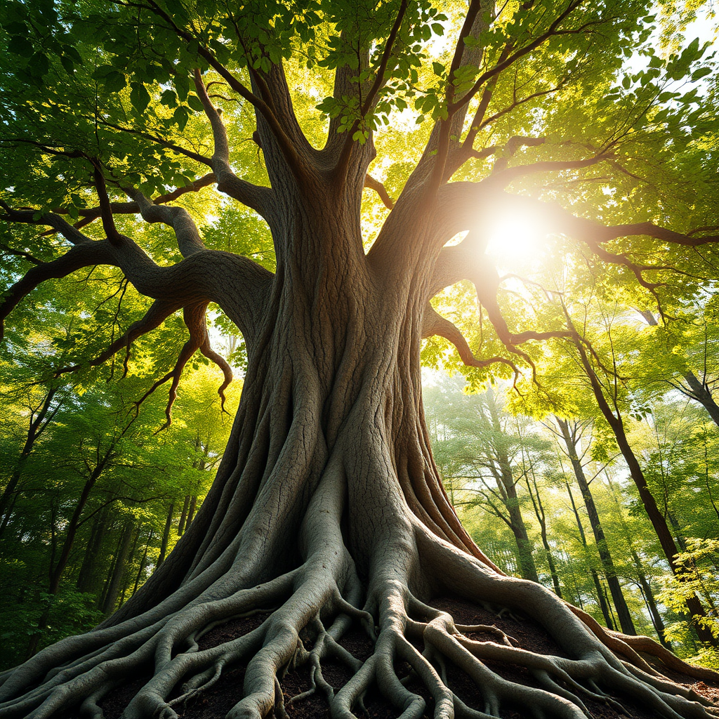 A 4K photorealistic image representing the long-term benefits of strength training. The image should showcase a tree, symbolizing life, with strong, interwoven roots representing muscles. The tree's trunk should be thick and healthy, signifying overall well-being. Sunlight should filter through the leaves, creating a warm, inviting atmosphere. The color palette should be earthy and natural, with greens, browns, and golds dominating. The camera angle should be slightly upward, emphasizing the tree's height and strength. Texture details should be rich, showcasing the bark's intricate patterns and the leaves' vibrant colors. The environment should be a serene forest setting. The style should be realistic and symbolic, conveying the message of enduring strength and vitality. The image should inspire a sense of longevity and resilience.