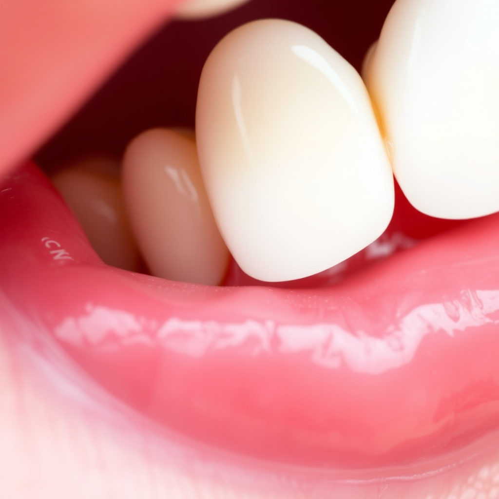 A close-up image of healthy gums, pink and firm, surrounding strong, white teeth. The image should convey a sense of health and vitality, with a focus on the natural texture and color of the gums. Soft, diffused lighting highlights the healthy appearance. The style is photorealistic, aiming to capture the essence of healthy gums.