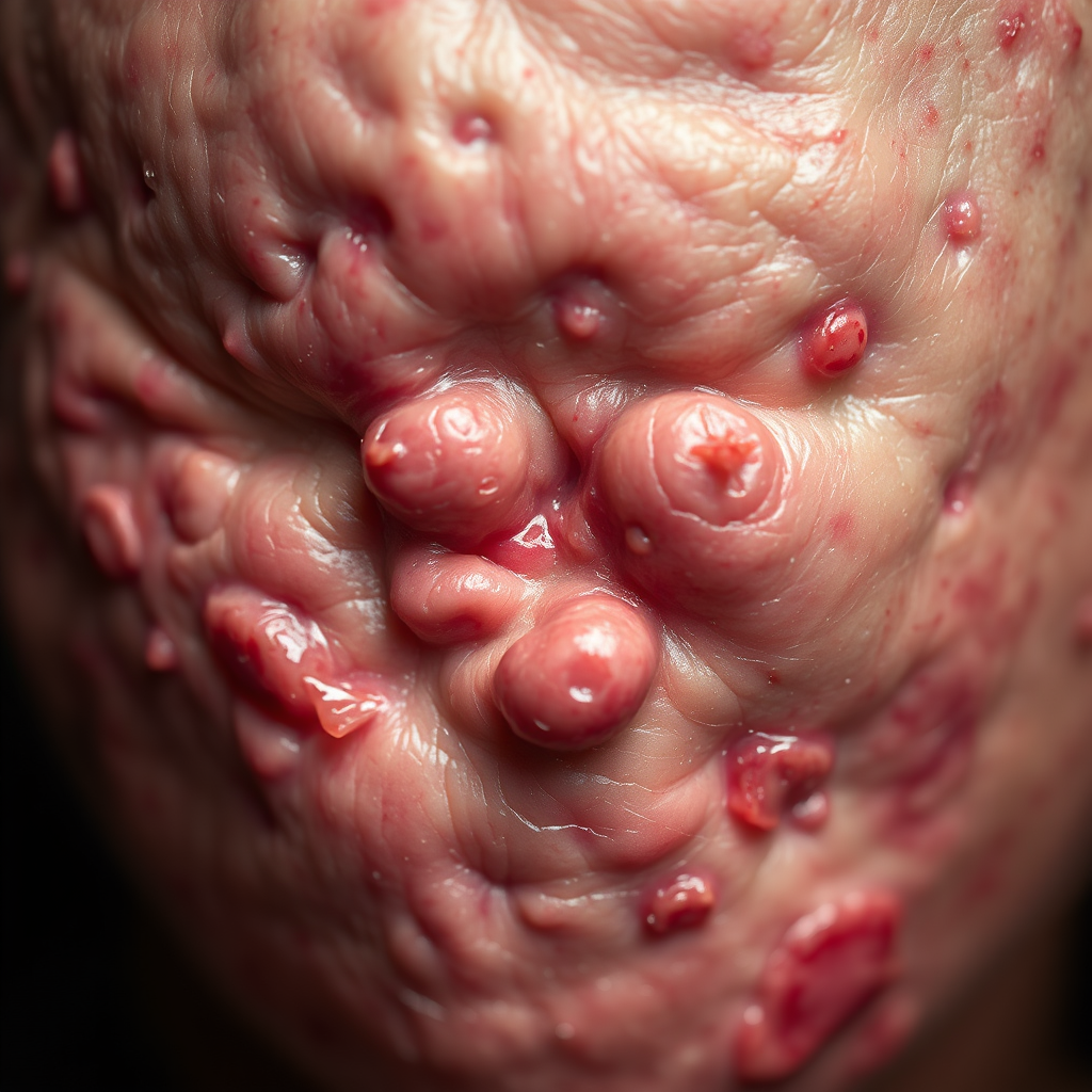 A close-up, photorealistic image of skin affected by acne and eczema. The lighting should be harsh, highlighting the imperfections and inflammation of the skin. Style: Medical photography. 8k Resolution.