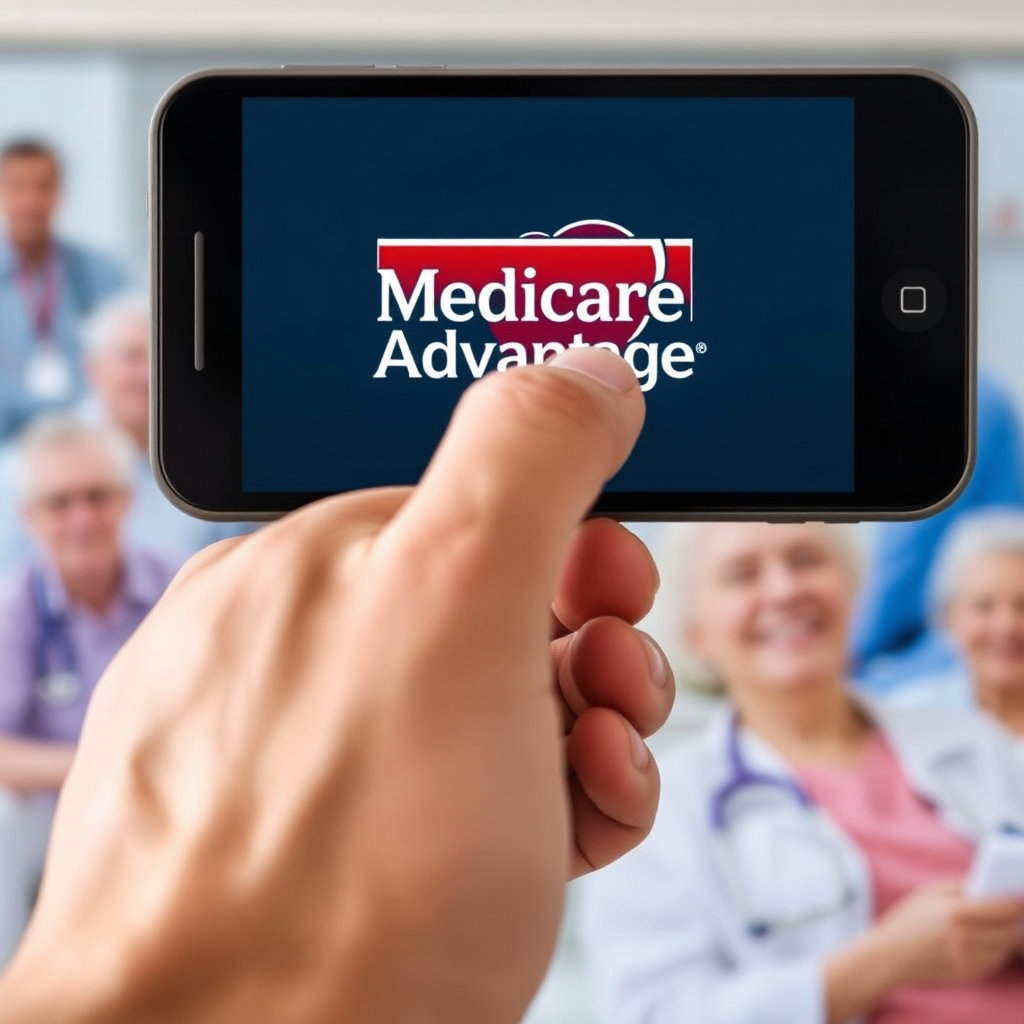 A close-up shot of a hand dialing a phone with a 'Medicare Advantage' logo subtly visible on the screen. The background features blurred images of healthcare professionals and happy seniors. The image conveys a sense of immediate access and reliable support. Photorealistic.