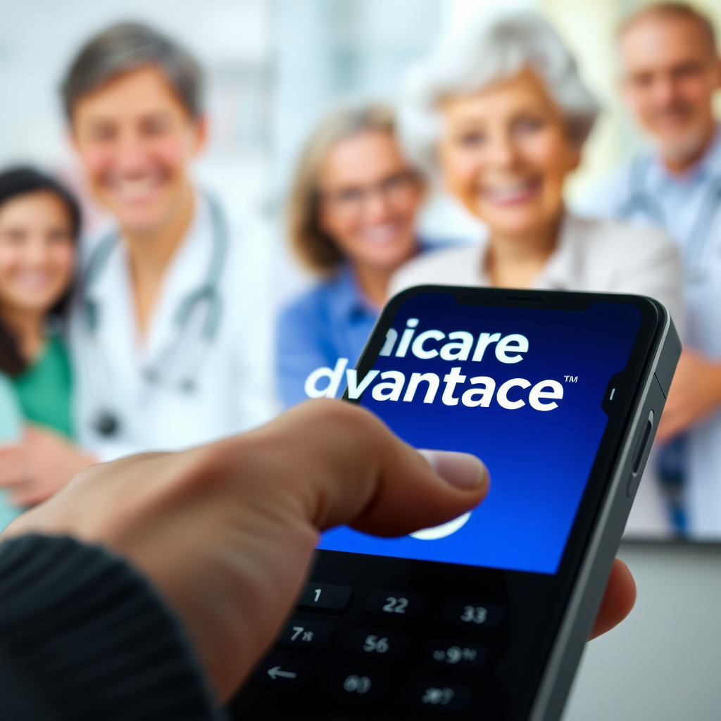 A close-up shot of a hand dialing a phone with a 'Medicare Advantage' logo subtly visible on the screen. The background features blurred images of healthcare professionals and happy seniors. The image conveys a sense of immediate access and reliable support. Photorealistic.