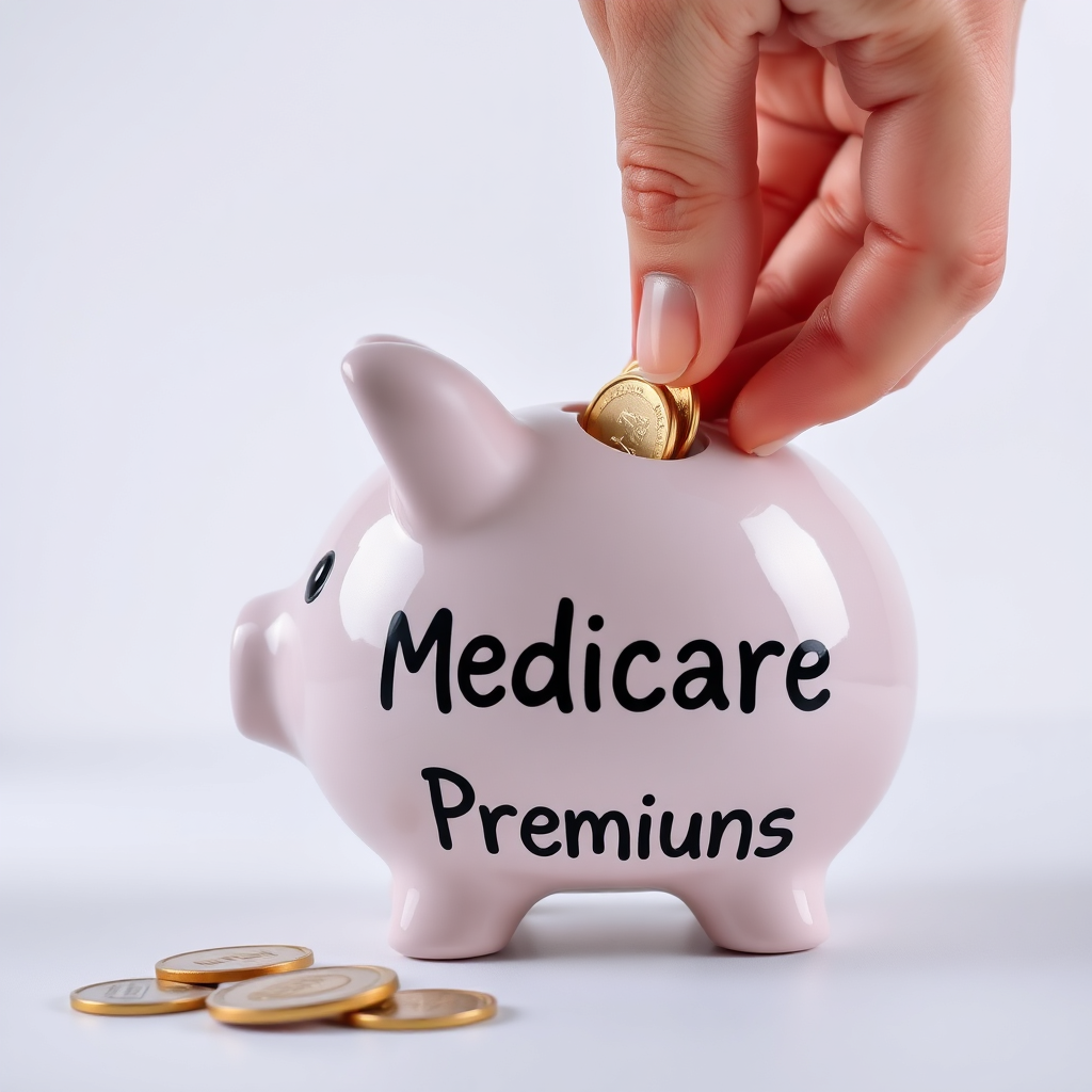 A close-up shot of a hand placing coins into a piggy bank labeled 'Medicare Premiums'. The coins are a mix of gold and silver, representing different premium amounts. The background is simple and uncluttered. The image should convey affordability and financial planning. Photorealistic.