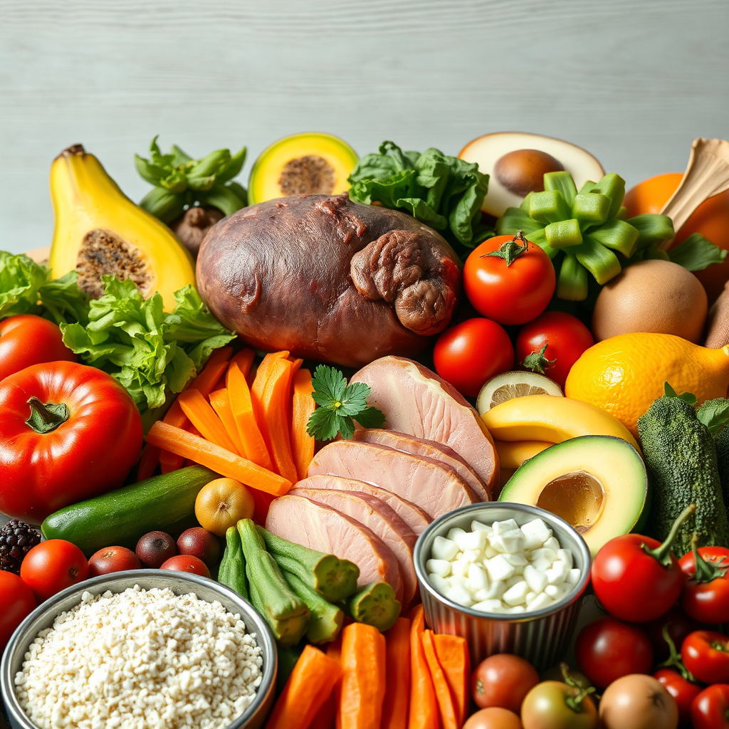 A colorful, photorealistic image of a variety of liver-friendly foods arranged in a vibrant display. The image includes fruits, vegetables, lean proteins, and healthy fats. The lighting should be bright and inviting, emphasizing the freshness and appeal of the food. Style: Food photography. 8k Resolution.