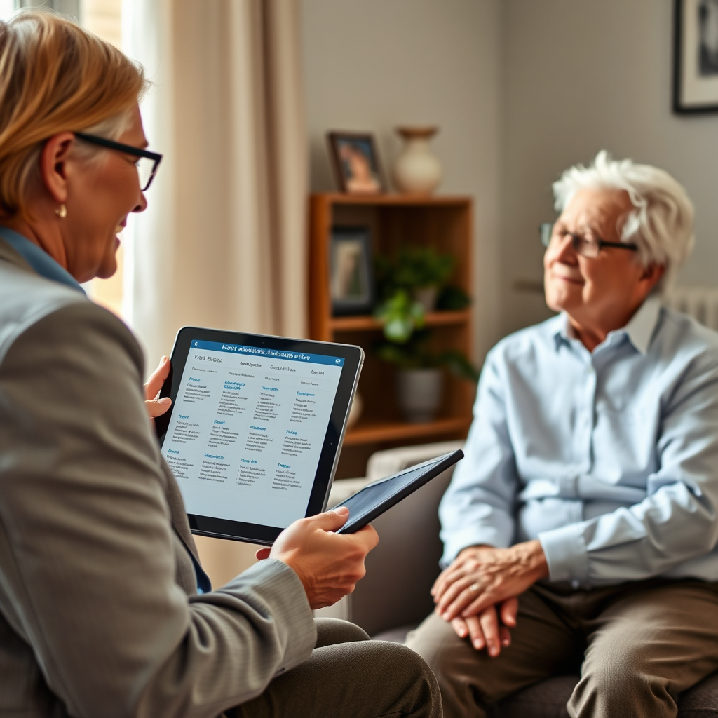 A consultant presenting various Medicare Advantage plan options on a tablet to a senior client. The consultant is highlighting key features and benefits. The environment should feel professional and supportive, with a focus on personalized service. The client appears engaged and informed. Photorealistic.