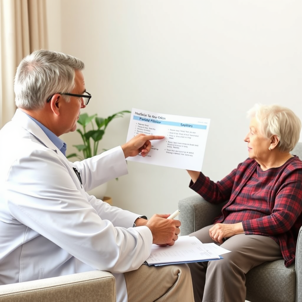 A consultant sitting across from a senior citizen, reviewing Medicare plan options. The consultant is pointing to a specific plan feature and explaining its benefits. The image should convey personalized advice and support. Photorealistic.