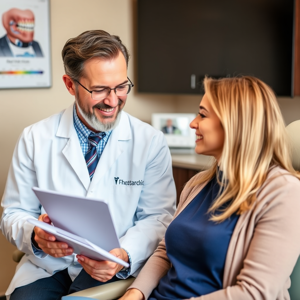 A dentist discussing a personalized treatment plan with a patient, using a digital dental scan as a visual aid. The scene should convey individual attention and customized care. The color scheme is warm and professional, with a focus on beige and blue.