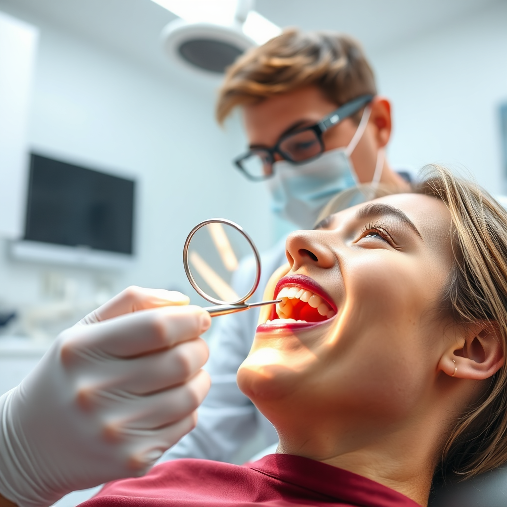 A dentist examining a patient's teeth with a dental mirror. The setting is a clean, modern dental office. Lighting is bright and professional, highlighting the dentist's expertise and care. The camera angle is slightly above, giving a sense of security. Style: Focus on the trust and care provided by a dental professional.