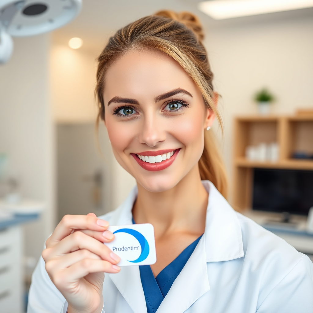 A dentist or dental hygienist holding Prodentim, with a confident and professional expression. The background is a modern dental office, conveying expertise and authority. The color scheme is clean and professional, with a focus on white and blue.