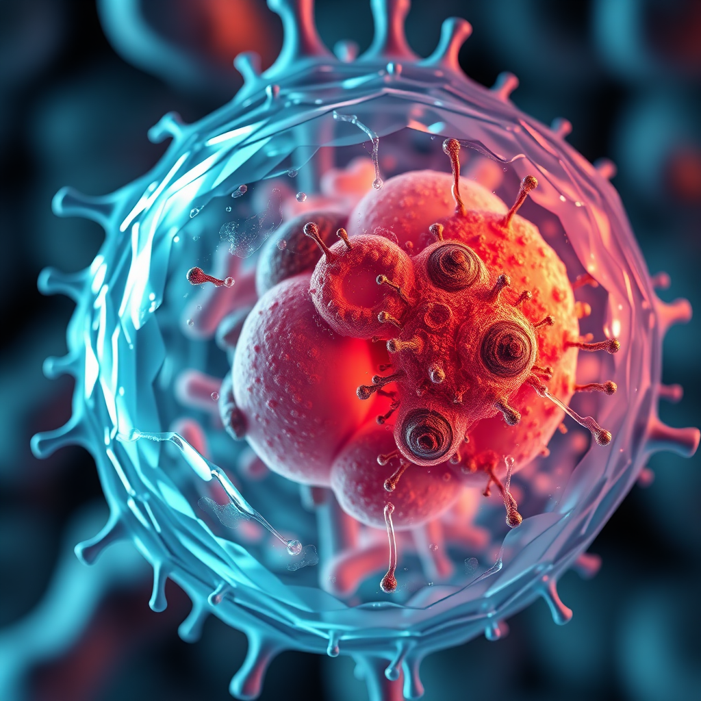 A detailed, photorealistic 8K image of a liver cell (hepatocyte) at a microscopic level, showcasing its intricate internal structure. Highlight the key organelles involved in detoxification and metabolic processes, such as the endoplasmic reticulum and mitochondria. Use a color palette of muted blues, greens, and oranges to represent the different cellular components. The lighting should be soft and diffused, creating a sense of depth and complexity. The camera angle should provide a close-up view of the cell's internal architecture. Focus on rendering realistic textures for the cell membrane and organelles. The overall image should convey the incredible complexity and functionality of a single liver cell. Style reference: medical illustration meets hyperrealism. Aim for a visually informative and aesthetically pleasing representation.