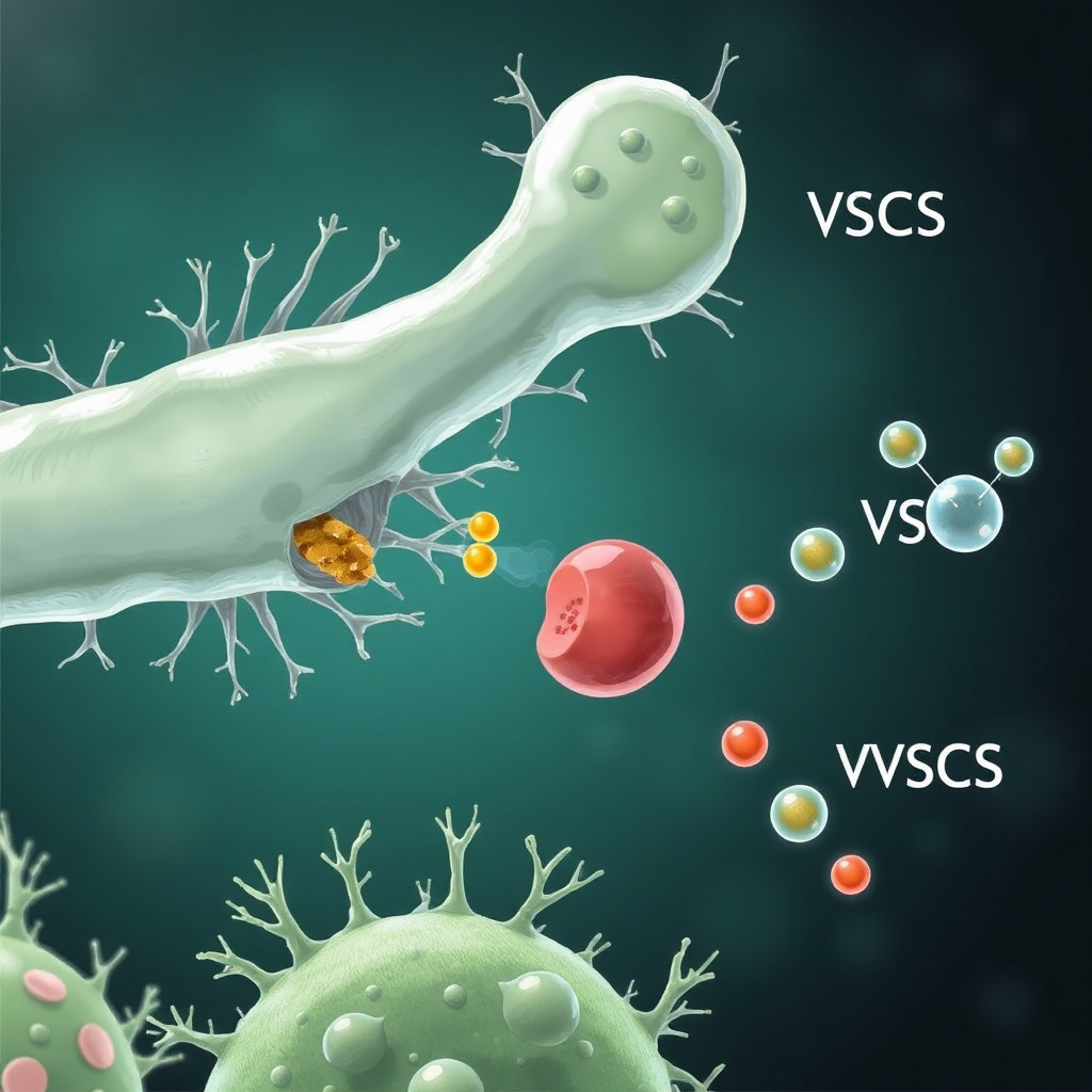 A detailed scientific illustration showing bacteria breaking down food particles and releasing VSCs. The VSCs are depicted as distinct molecules with a visible odor trail. The image should convey a sense of scientific accuracy and highlight the chemical process involved.