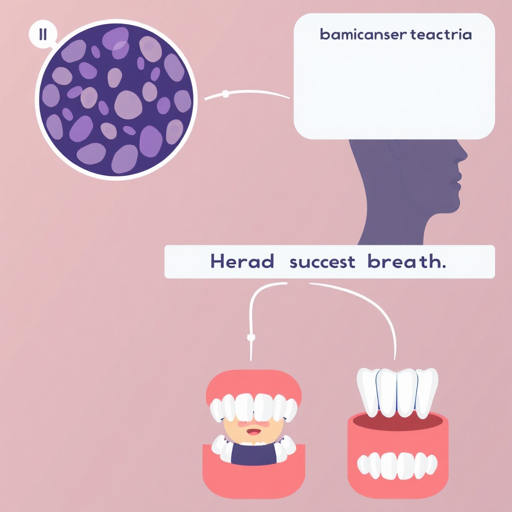A digital illustration connecting the dots between: (1) a microscopic view of imbalanced oral bacteria, (2) a person experiencing bad breath (indicated by a subtle, unpleasant visual cue), and (3) a healthy set of teeth. Use a flowing line to visually link these elements. This is meant to demonstrate the relationship between bad bacteria and bad breath.