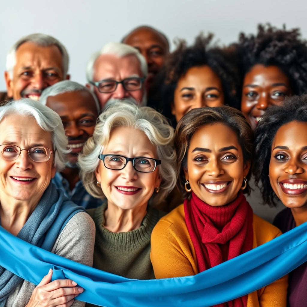 A diverse group of individuals representing different ages and backgrounds, all smiling and looking towards the viewer. A subtle banner with the Medicare logo is draped across the background. The image conveys inclusivity and accessibility. Photorealistic.