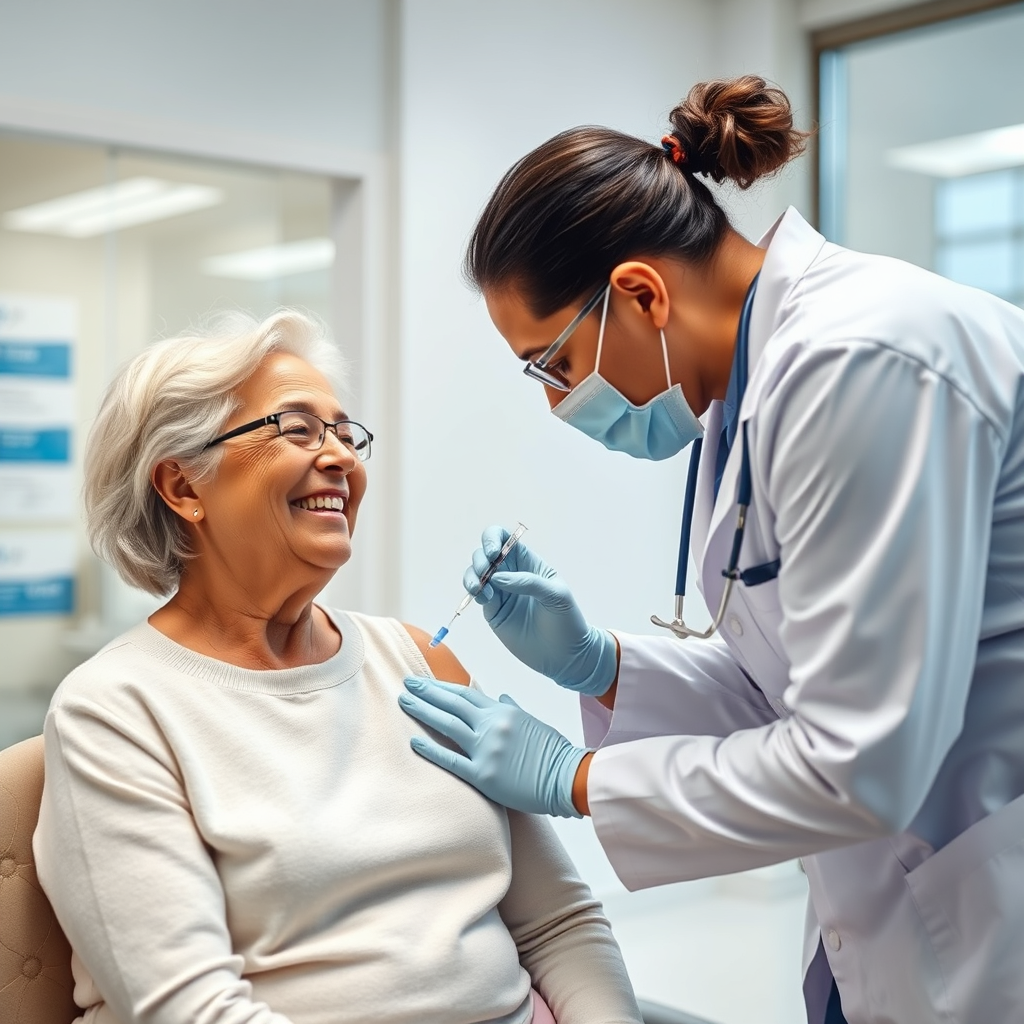 A doctor administering a flu shot to a senior patient in a clean, modern clinic. The patient is smiling and relaxed. The image should convey the importance of preventive care. Photorealistic.