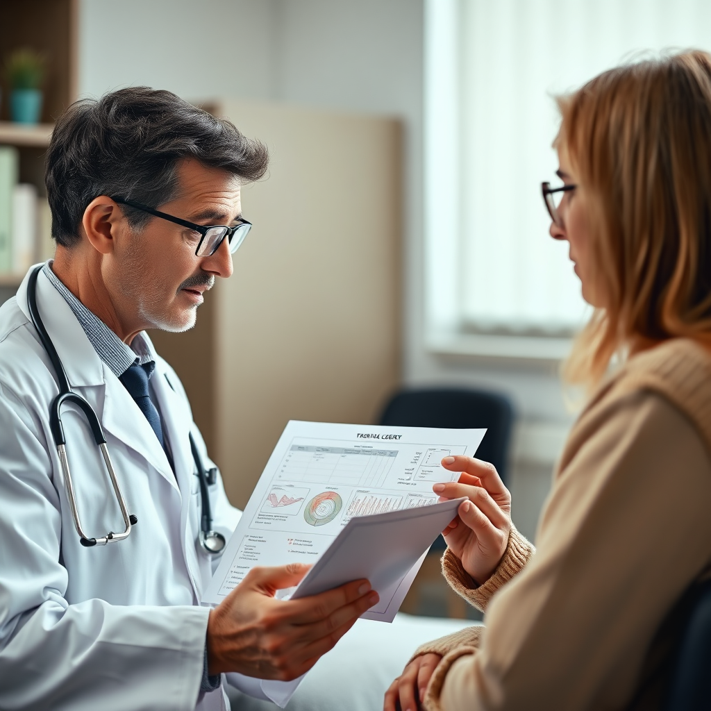 A doctor reviewing a patient's medical chart and discussing treatment options. The patient is actively engaged in the conversation. The image should convey collaborative care and effective disease management. Photorealistic.