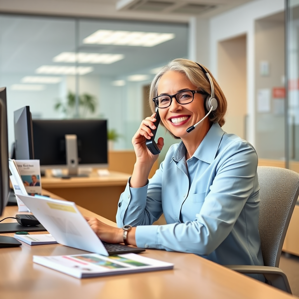 A friendly consultant answering phone calls in a bright, modern office. The consultant is smiling and engaged. The background includes brochures and pamphlets about Medicare. The image should convey accessibility and expertise. Photorealistic.