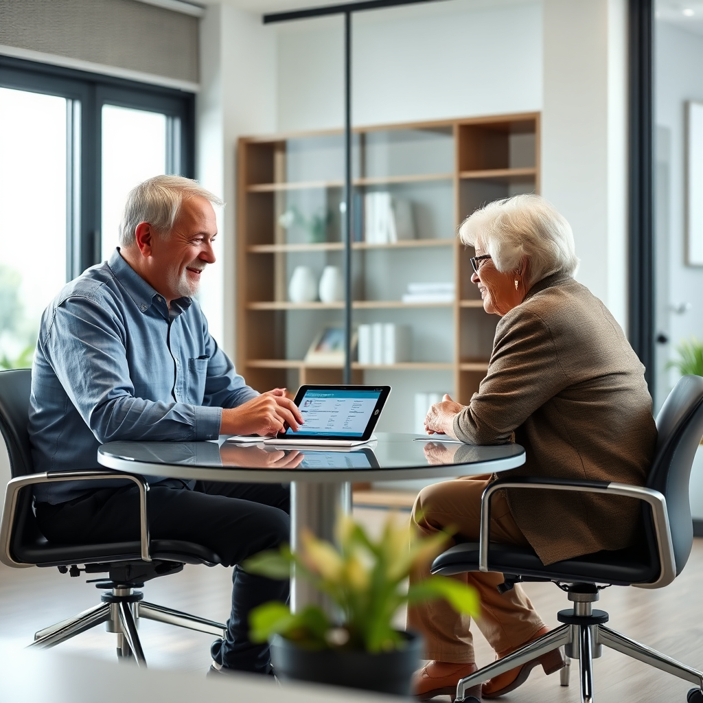 A friendly consultant sitting across from a senior couple at a bright, modern office desk. The consultant is gesturing towards a tablet displaying Medicare plan options. The scene is brightly lit with a sense of trust and expertise conveyed through body language and expressions. Photorealistic.