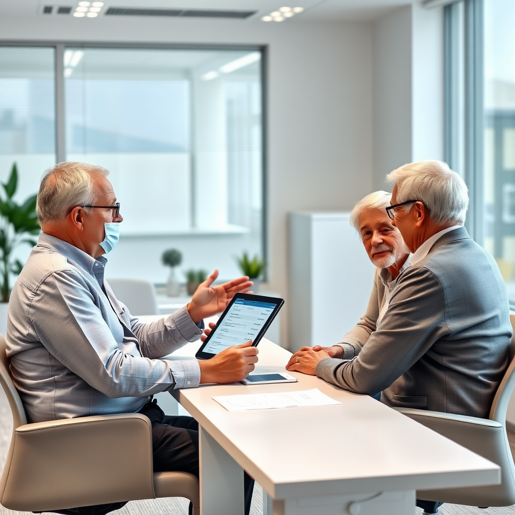 A friendly consultant sitting across from a senior couple at a bright, modern office desk. The consultant is gesturing towards a tablet displaying Medicare plan options. The scene is brightly lit with a sense of trust and expertise conveyed through body language and expressions. Photorealistic.