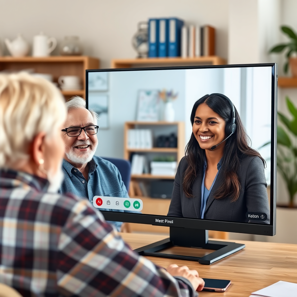 A friendly customer service representative on a video call with a senior client, answering questions about their Medicare Advantage plan. The representative is smiling and attentive. The backdrop shows a supportive team environment with resources readily available. The image should convey trustworthiness and readily available assistance. Photorealistic.