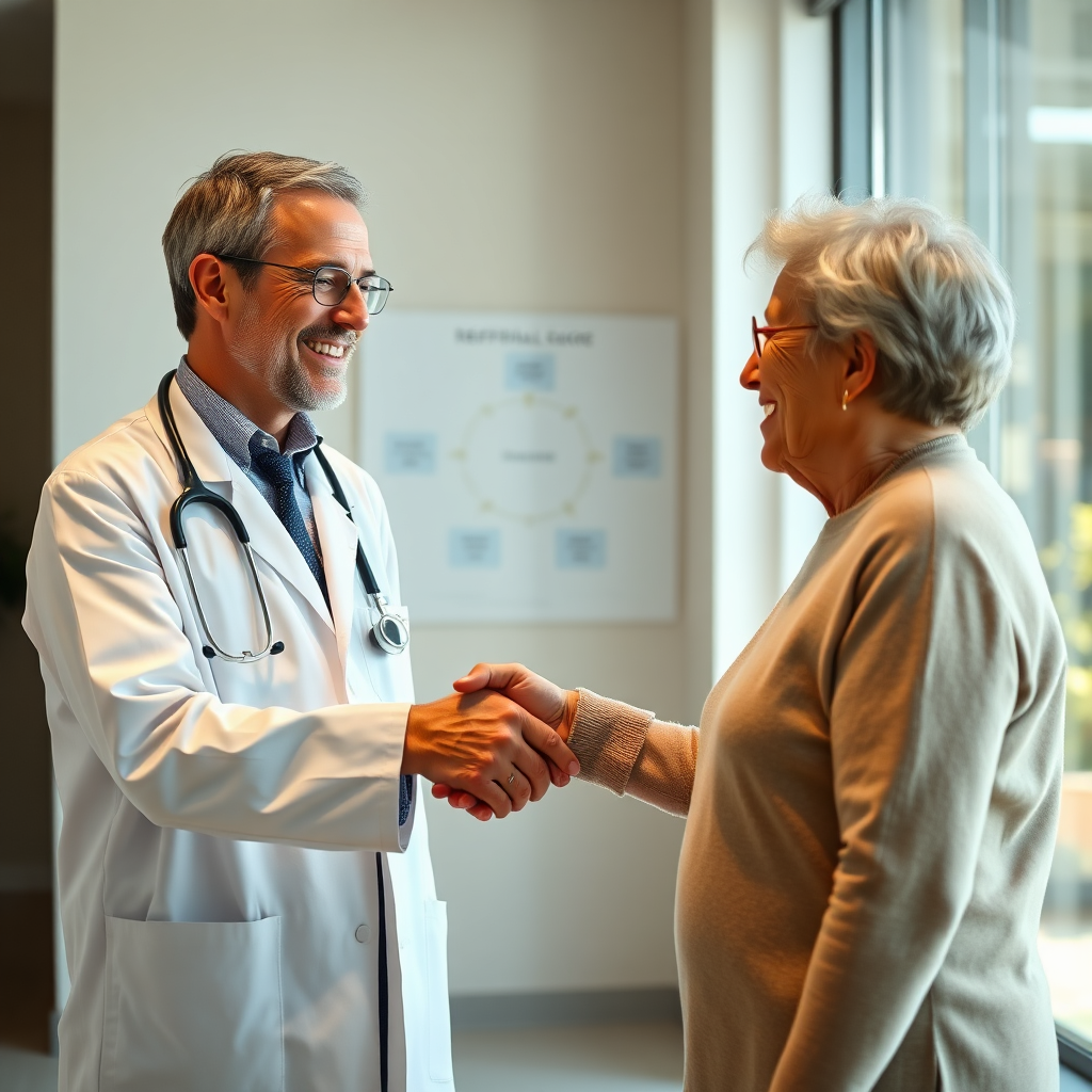 A friendly doctor shaking hands with a senior patient in a modern, well-lit office. A diagram illustrating the referral process within an HMO is subtly visible in the background. The image should convey trust and personalized care. Photorealistic.