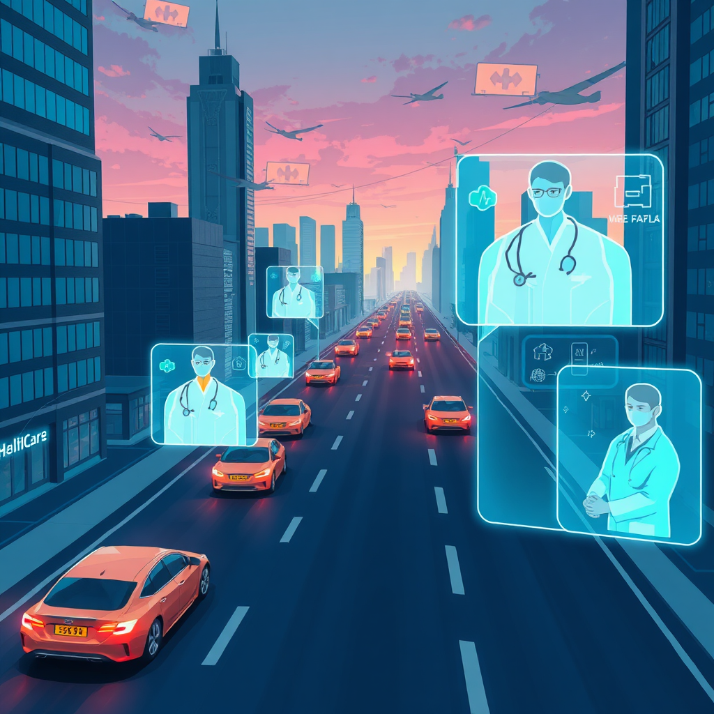 A futuristic cityscape with flying cars and holographic projections of healthcare professionals providing telehealth services. The image should convey innovation and technological advancement in healthcare. Stylized.