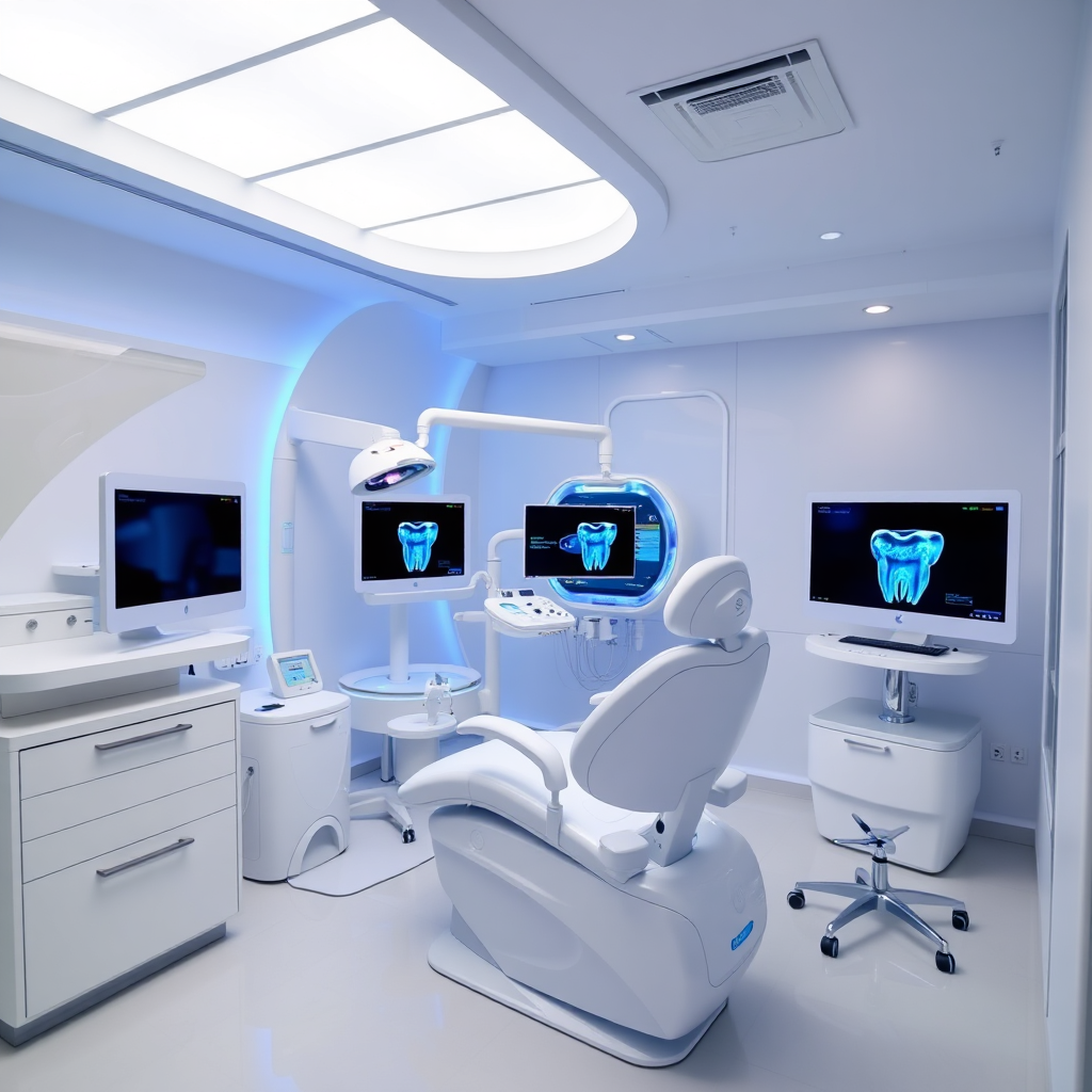 A futuristic dental office with advanced technology, such as laser dentistry equipment and 3D imaging. The scene should convey innovation and progress in dental care. The color scheme is clean and modern, with a focus on white and blue.