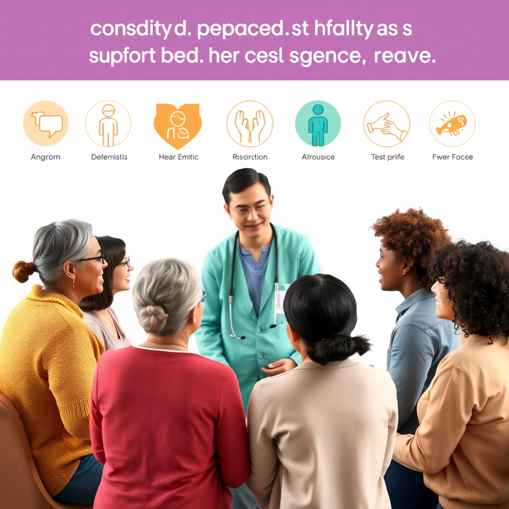 A group of diverse individuals participating in a support group led by a healthcare professional. The participants are engaged and supportive of each other. The background includes subtle symbols representing different chronic conditions. The image should convey community and specialized care. Photorealistic.